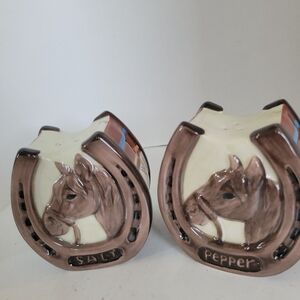 Horse Horseshoe Salt & Pepper Shaker Set Southwestern Ceramic With Stoppers 3"